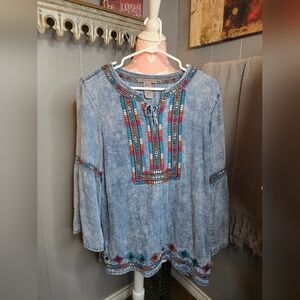 Sharon Young Blue Blouse with Vibrant Embroidery